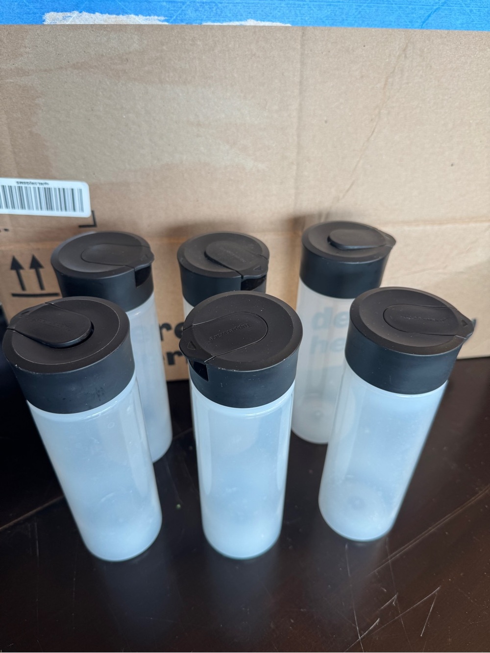 Set of 6 Clear Plastic Tupperware Condiment Bottles with Black Flip Lids